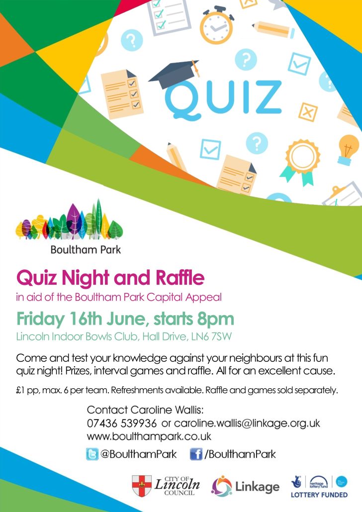 quiz night poster - friday 16th june - 8pm start - lincoln indoors bowls club
